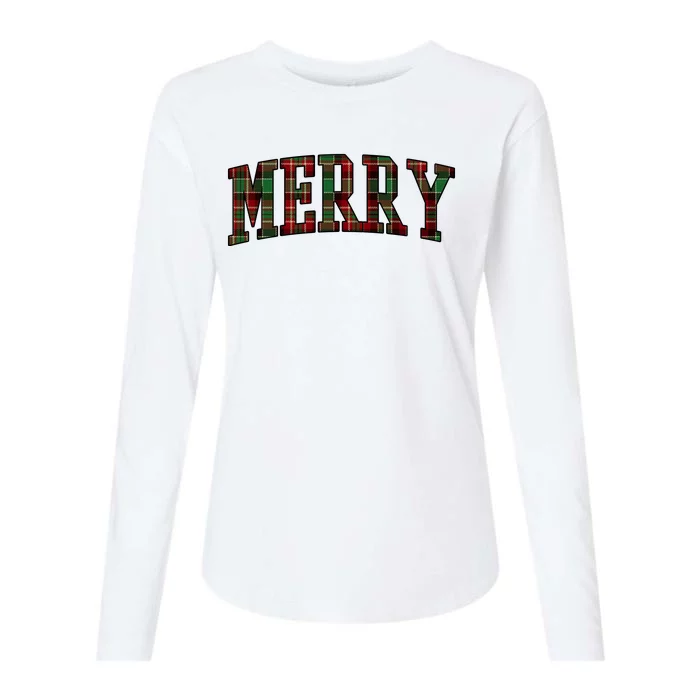 Merry Plaid Holiday Christmas Womens Cotton Relaxed Long Sleeve T-Shirt