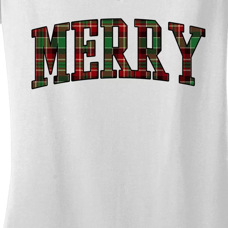 Merry Plaid Holiday Christmas Women's V-Neck T-Shirt