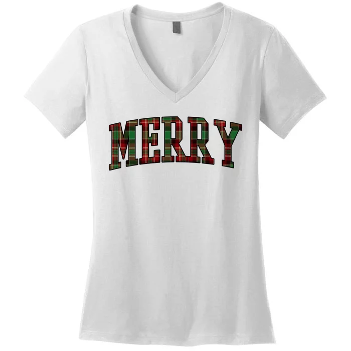 Merry Plaid Holiday Christmas Women's V-Neck T-Shirt