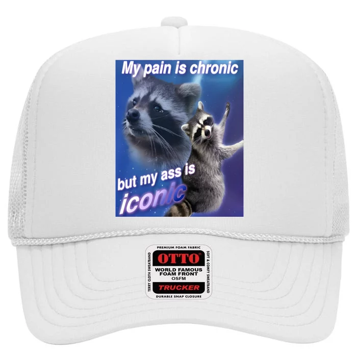 My Pain Is Chronic But My Ass Is Iconic Funny Raccoon Meme High Crown Mesh Trucker Hat