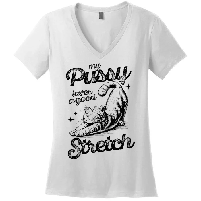 My Pussy Love A Good Stretch Funny Raunchy Cat Women's V-Neck T-Shirt