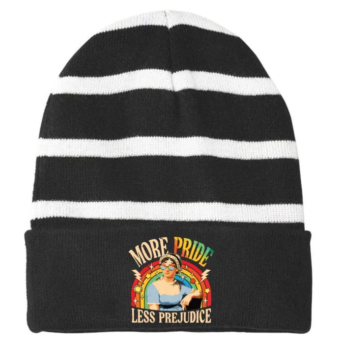 More Pride Less Prejudice Lgbtq Rainbow Striped Beanie with Solid Band