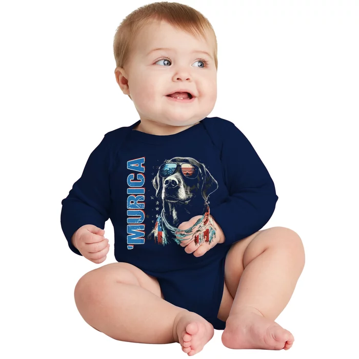 Murica Patriotic Labrador Retriever 4th Of July Dog Baby Long Sleeve Bodysuit