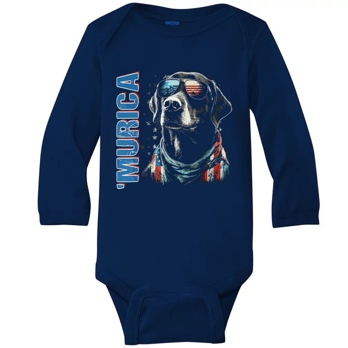 Murica Patriotic Labrador Retriever 4th Of July Dog Baby Long Sleeve Bodysuit