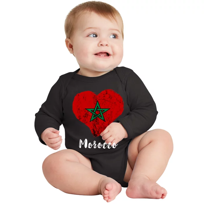 Moroccan Pride Morocco Heart Moroccan Roots Moroccan Flag Baby Long Sleeve Bodysuit