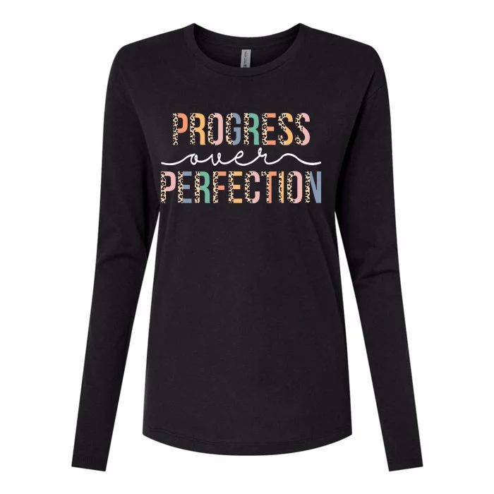 Motivational Progress Over Perfection Leopard Print Teacher Womens Cotton Relaxed Long Sleeve T-Shirt