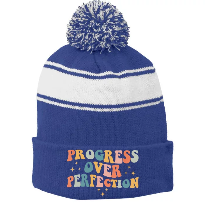 Motivational Progress Over Perfection Back To School Teacher Stripe Pom Pom Beanie