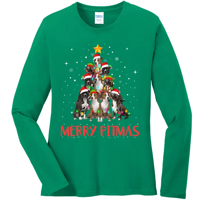 Merry Pitmas Pitbull Dog Ugly Christmas Sweater Tree Dogs Ladies Long Sleeve Shirt