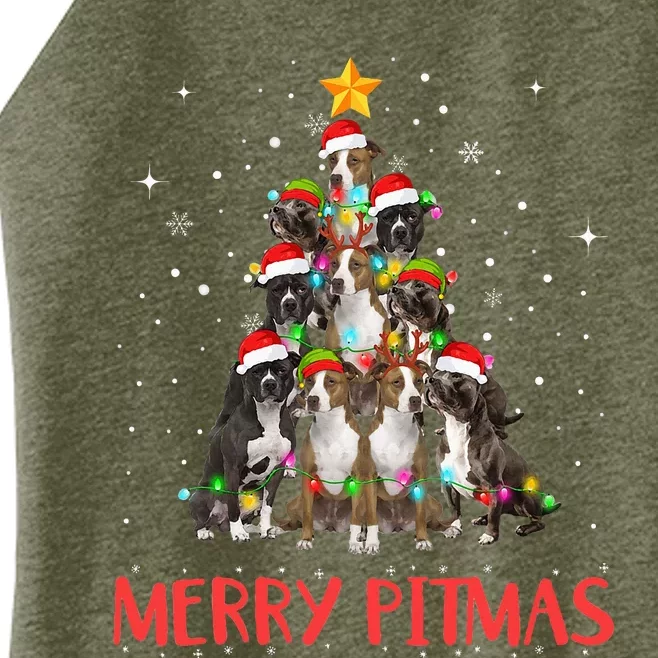 Merry Pitmas Pitbull Dog Ugly Christmas Sweater Tree Dogs Women’s Perfect Tri Rocker Tank