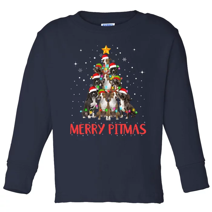 Merry Pitmas Pitbull Dog Ugly Christmas Sweater Tree Dogs Toddler Long Sleeve Shirt