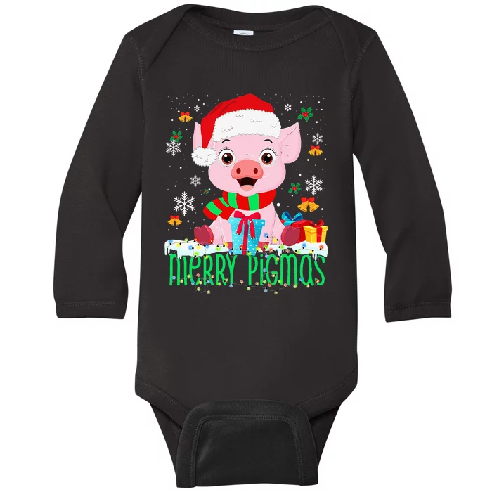 Merry Pigmas Pig Christmas Santa Hat Funny Xmas Light Farmer Baby Long Sleeve Bodysuit