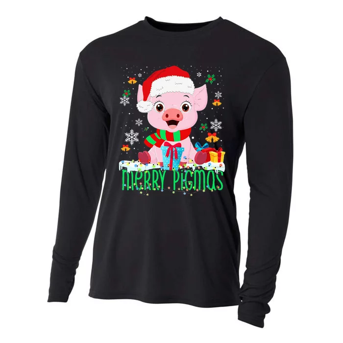 Merry Pigmas Pig Christmas Santa Hat Funny Xmas Light Farmer Cooling Performance Long Sleeve Crew