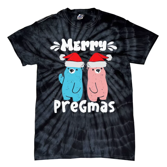 Merry Pregmas Pregnancy Bears In Blue And Pink Santa Hat Tie-Dye T-Shirt