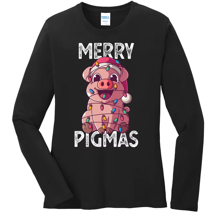 Merry Pigmas Pig Christmas Santa Pig Xmas Lights Farmer Gift Ladies Long Sleeve Shirt