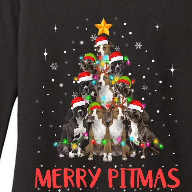 Merry Pitmas Pitbull Dog Ugly Christmas Sweater Tree Dogs Womens CVC Long Sleeve Shirt