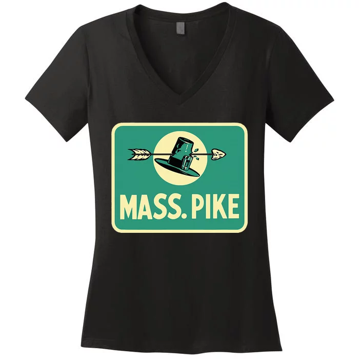 Mass Pike Road Sign Massachusetts Turnpike Route 90 Women's V-Neck T-Shirt