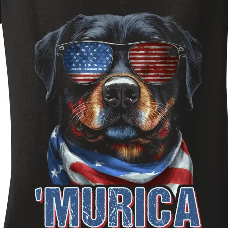 Murica Patriotic Rottweiler 4th Of July Dog Women's V-Neck T-Shirt