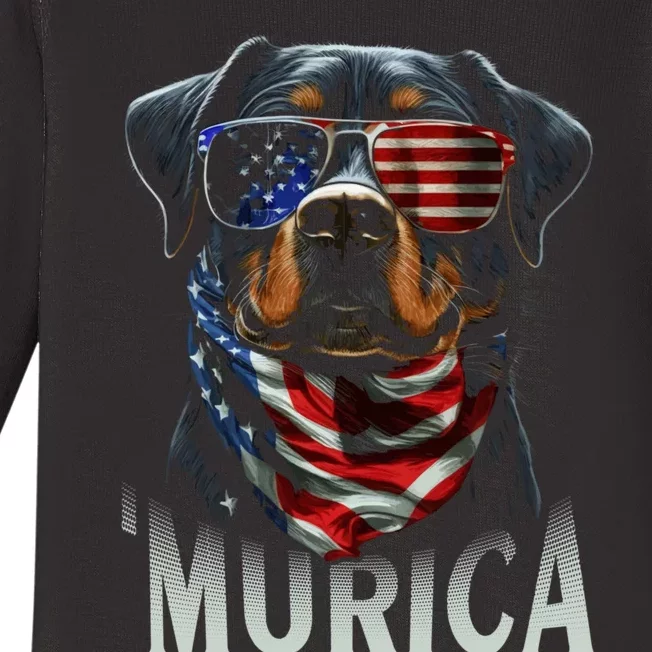 Murica Patriotic Rottweiler 4th Of July Dog Baby Long Sleeve Bodysuit