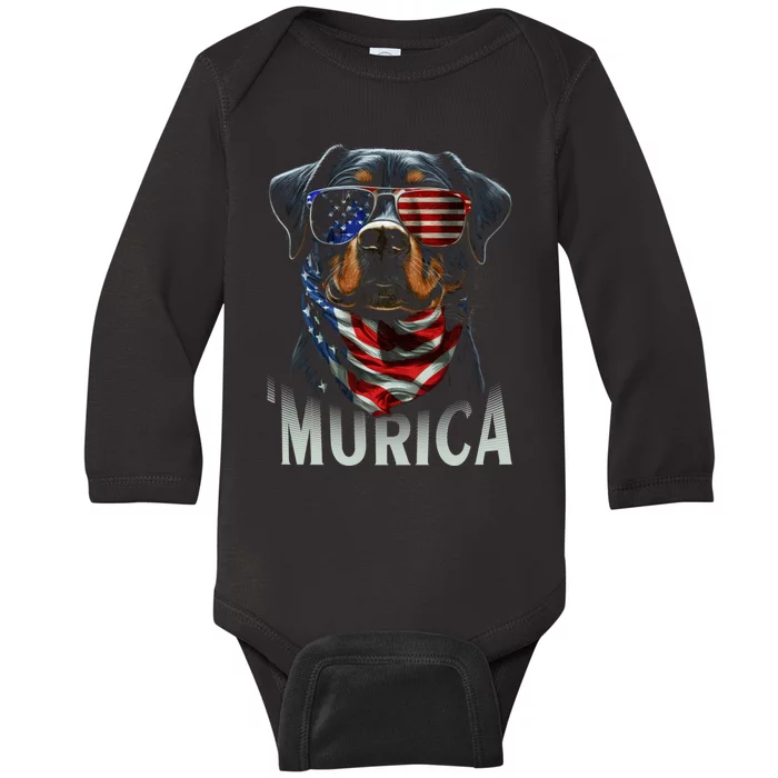 Murica Patriotic Rottweiler 4th Of July Dog Baby Long Sleeve Bodysuit