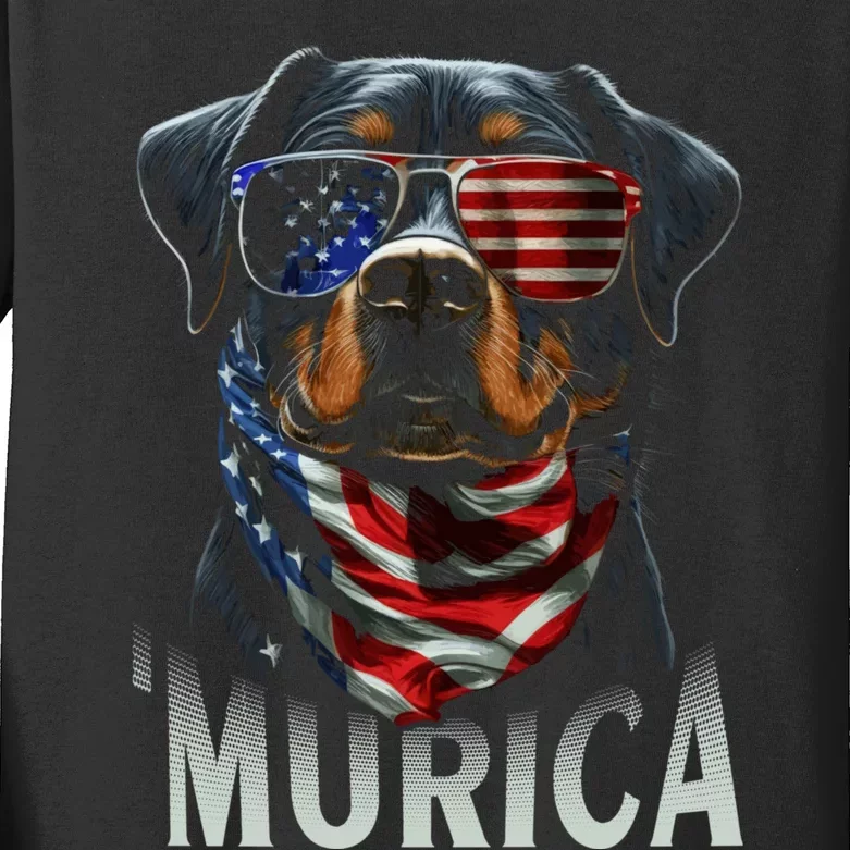 Murica Patriotic Rottweiler 4th Of July Dog Kids Long Sleeve Shirt