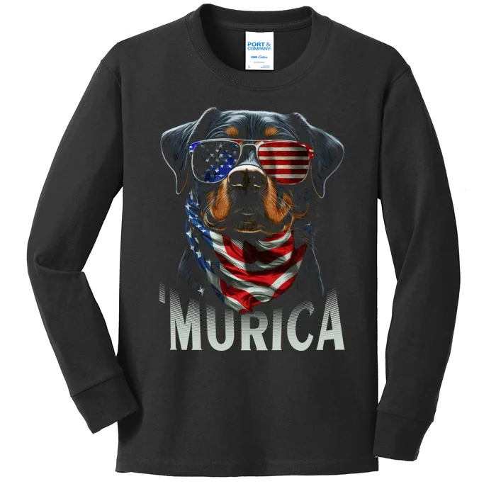 Murica Patriotic Rottweiler 4th Of July Dog Kids Long Sleeve Shirt