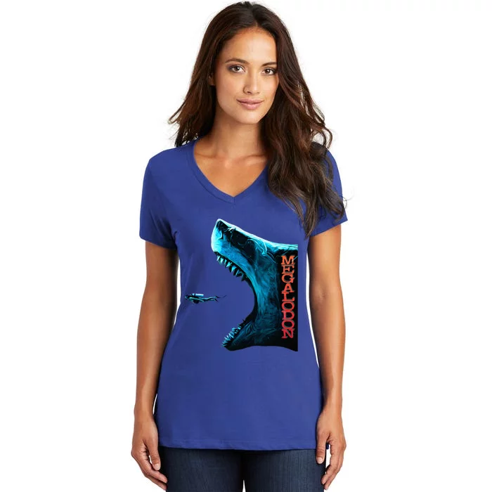 Megalodon Primeval Shark Dorsal Fin Th Ocean Predator Women's V-Neck T-Shirt