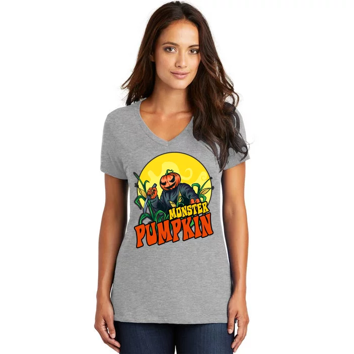 Monster Pumpkin Spooky Halloween Women's V-Neck T-Shirt