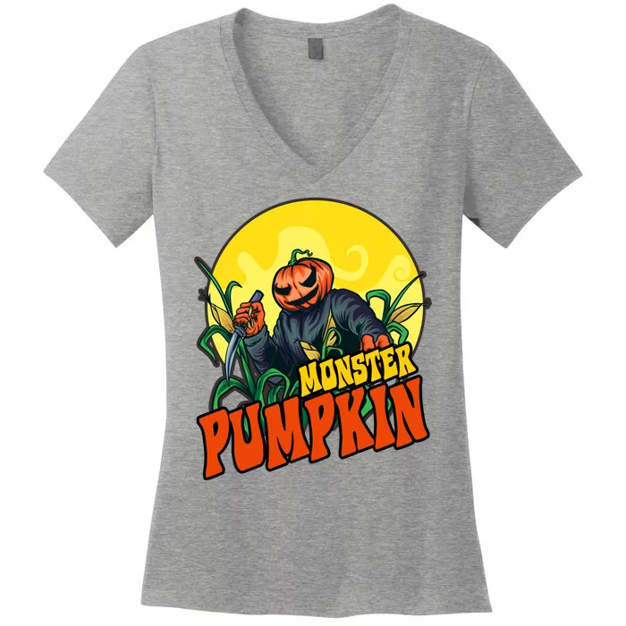 Monster Pumpkin Spooky Halloween Women's V-Neck T-Shirt