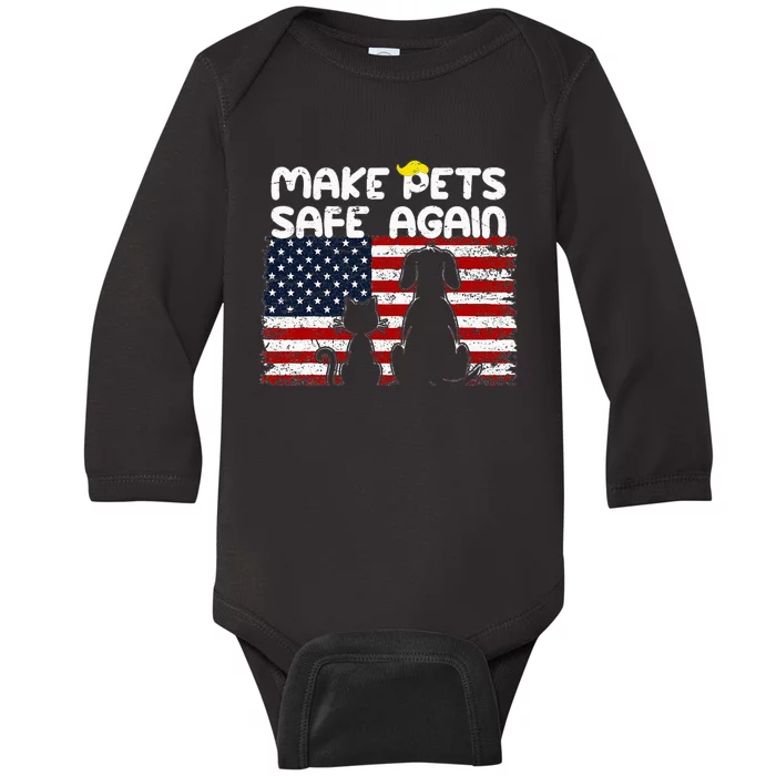 Make Pets Safe Again Trump Debate Distressed American Flag Baby Long Sleeve Bodysuit