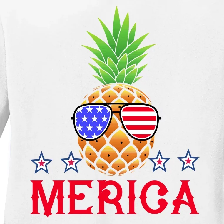 Merica Pineapple Shade Stars And Stripes Funny 4th Of July USA Ladies Long Sleeve Shirt