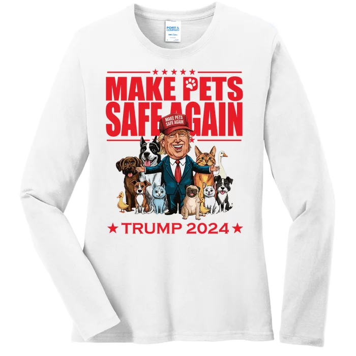 Make Pets Safe Again Trump 2024 Funny Cartoon Ladies Long Sleeve Shirt