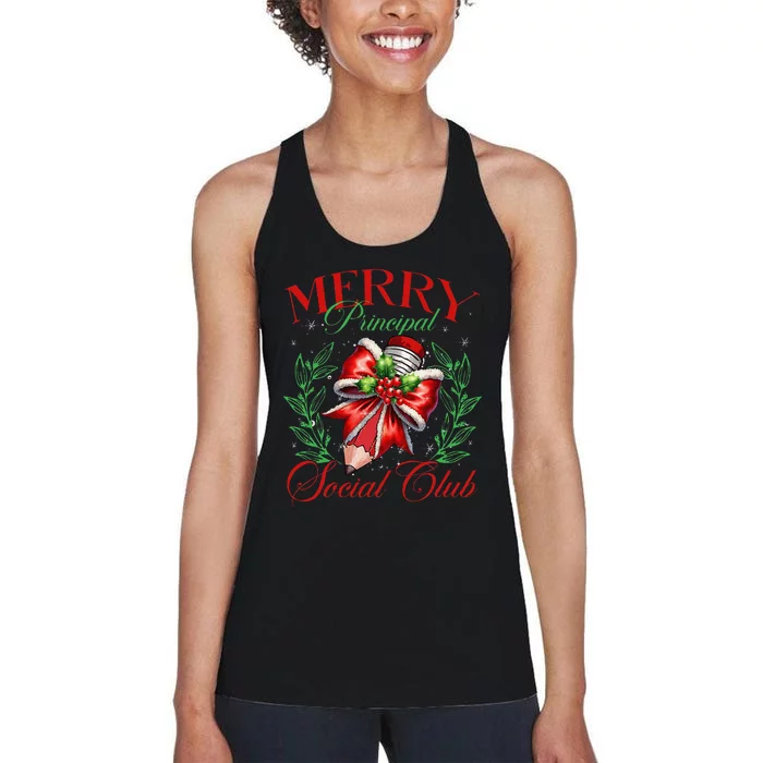 Merry Principal Social Club Pencil Coquette Bow Teacher Xmas Women's Racerback Tank