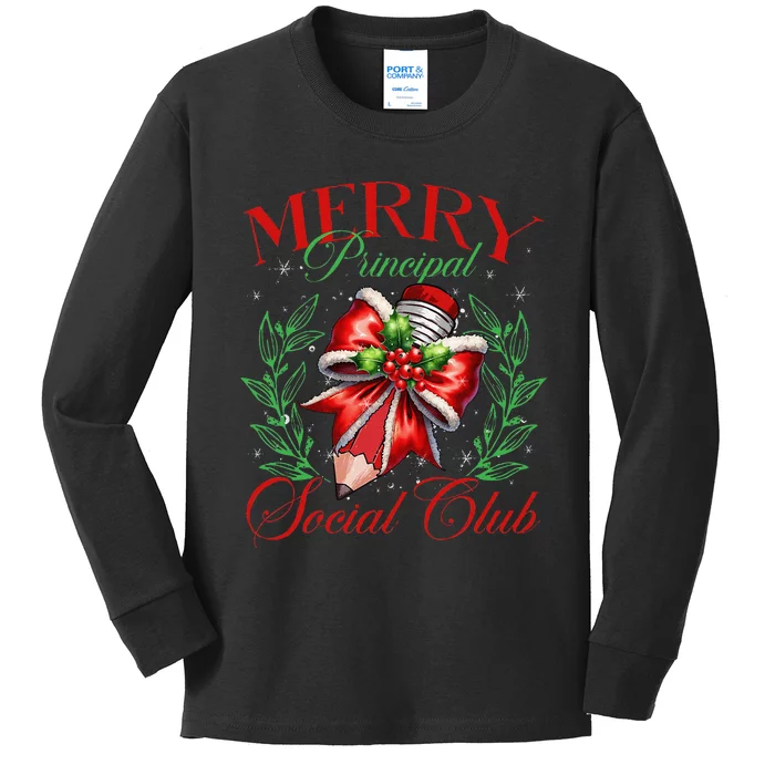 Merry Principal Social Club Pencil Coquette Bow Teacher Xmas Kids Long Sleeve Shirt