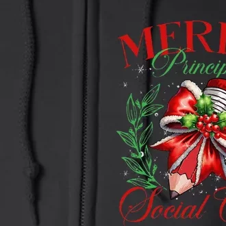 Merry Principal Social Club Pencil Coquette Bow Teacher Xmas Full Zip Hoodie