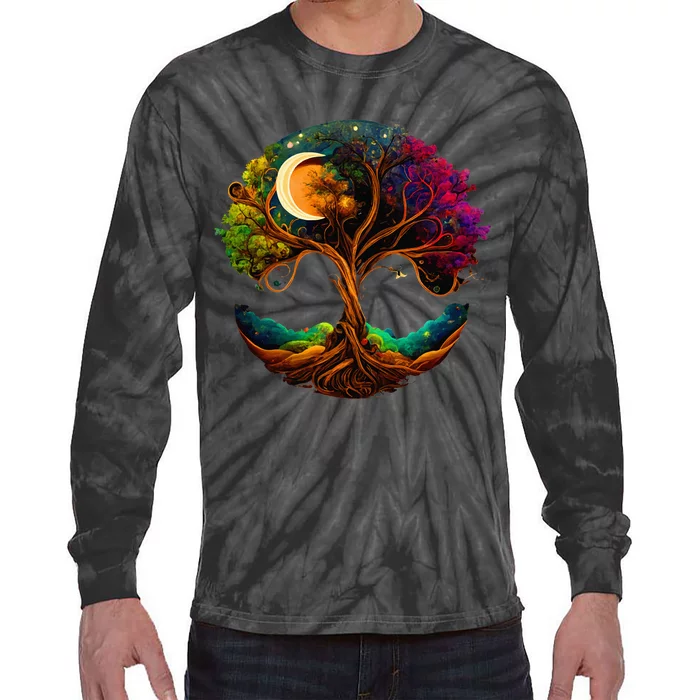 Moon Phases Tree Of Life Tie-Dye Long Sleeve Shirt