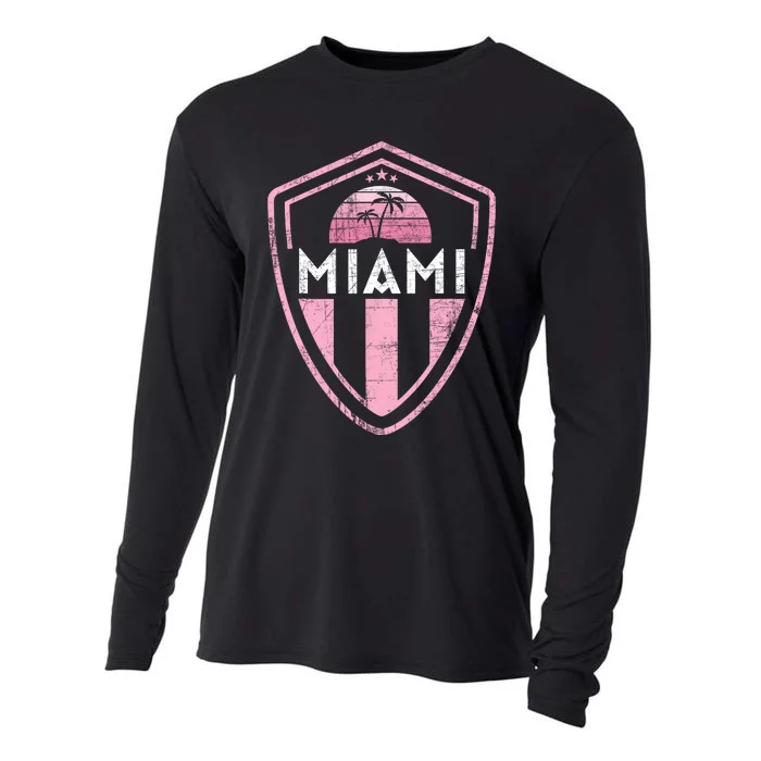 MIAMI Palm Tree Sunset Badge DESIGNER DISTRESSED Cooling Performance Long Sleeve Crew