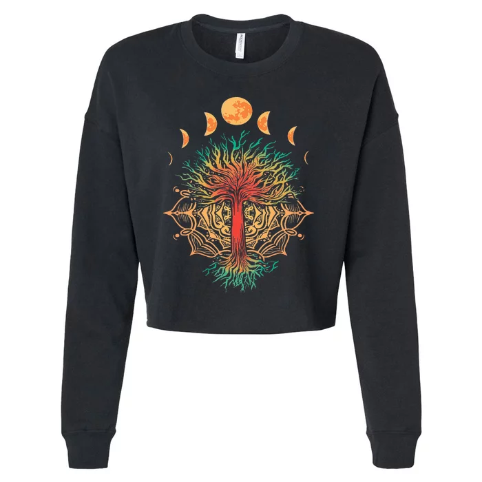 Moon Phases Tree of Life Retro Yoga Meditation Cropped Pullover Crew