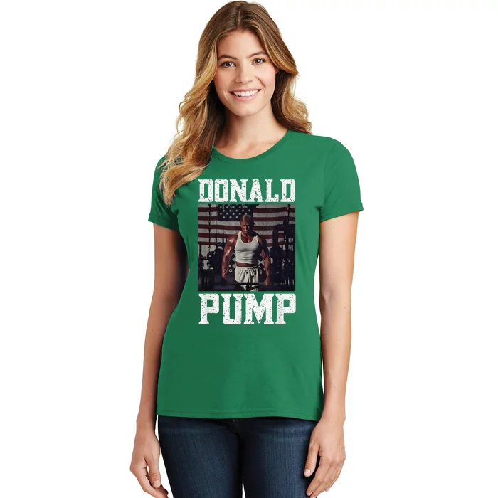 Muscular President Trump Lifting Weights Swole Donald Pump Women's T-Shirt