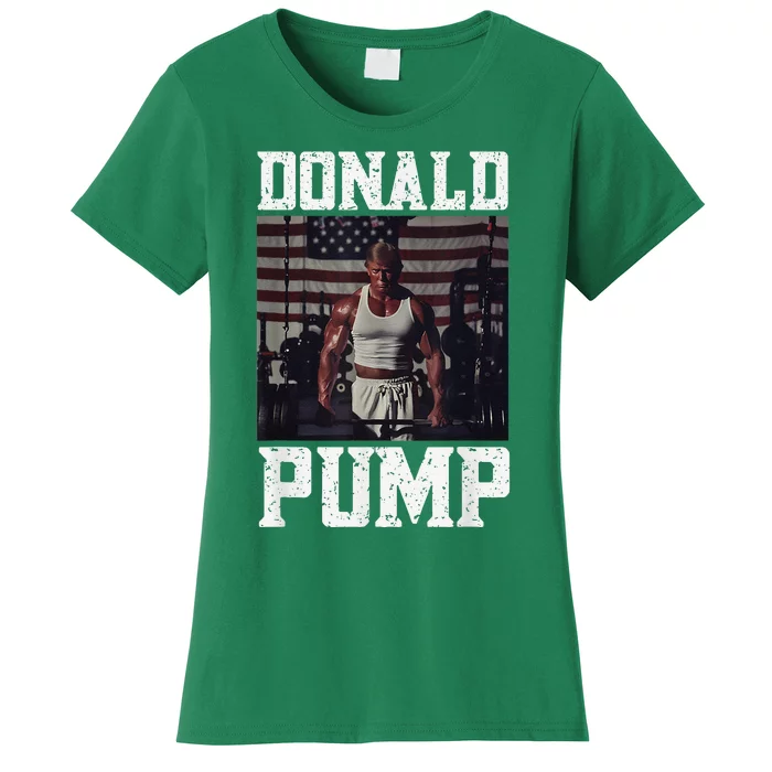 Muscular President Trump Lifting Weights Swole Donald Pump Women's T-Shirt