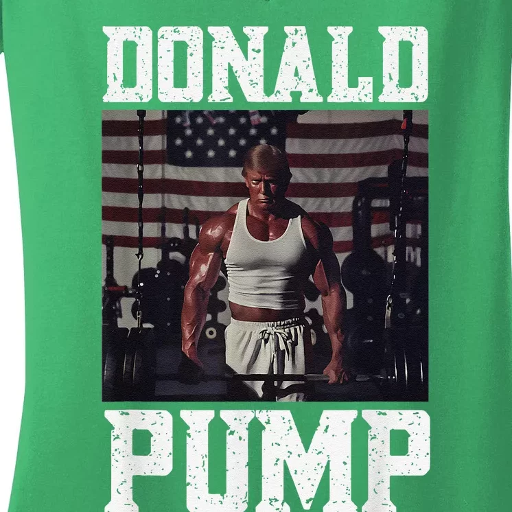 Muscular President Trump Lifting Weights Swole Donald Pump Women's V-Neck T-Shirt