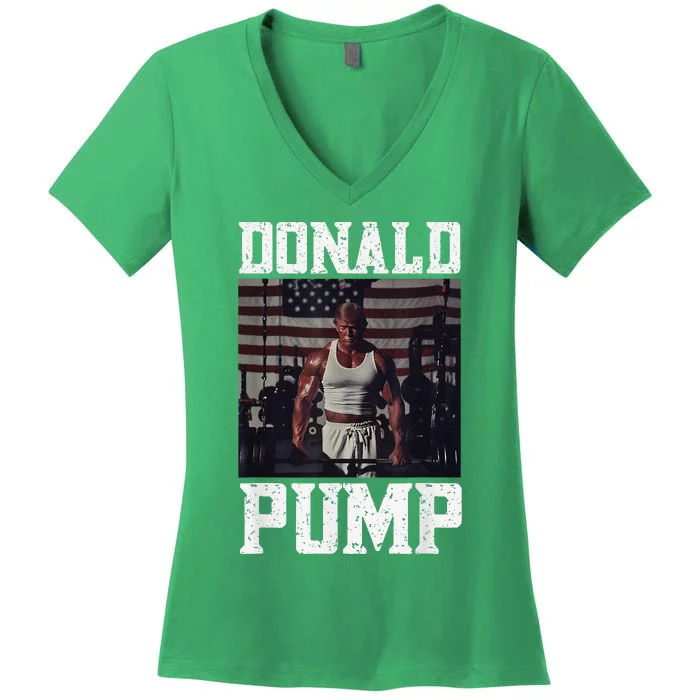 Muscular President Trump Lifting Weights Swole Donald Pump Women's V-Neck T-Shirt