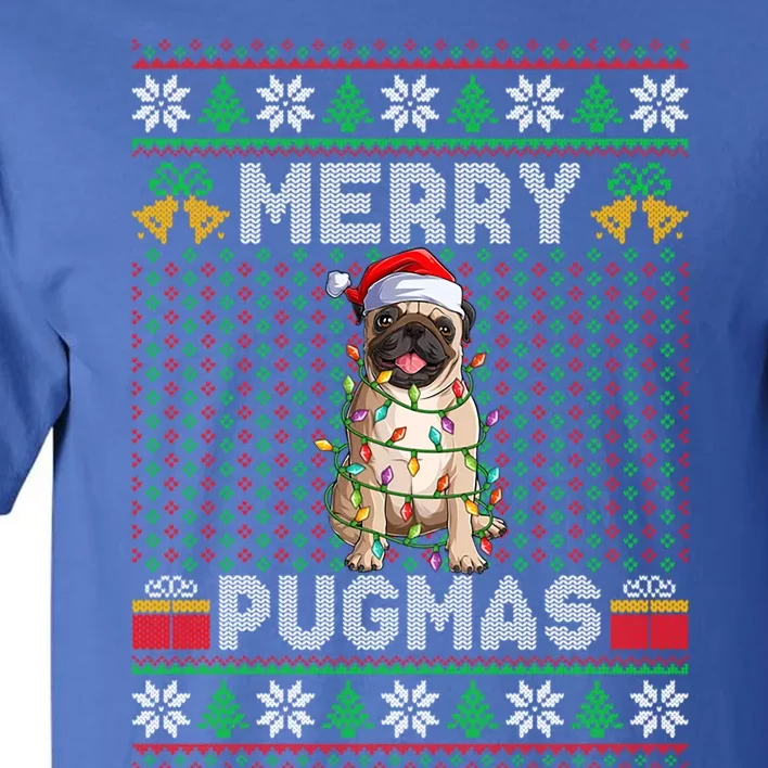 Merry Pugmas Ugly Sweater Style Lights Santa Pug Christmas Gift Tall T-Shirt