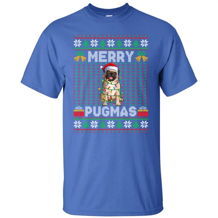 Merry Pugmas Ugly Sweater Style Lights Santa Pug Christmas Gift Tall T-Shirt