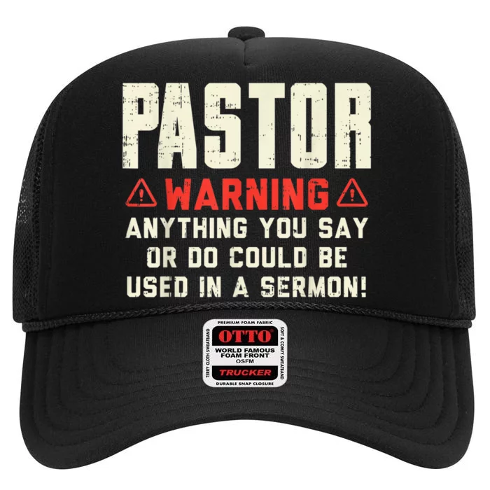 Mens Pastor Warning Sermon Funny Christian Preacher Minister High Crown Mesh Trucker Hat