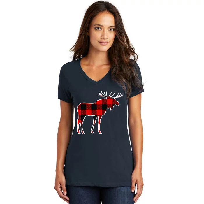 Moose Red Buffalo Plaid Deer Elk Matching Pj Family Gift Women's V-Neck T-Shirt