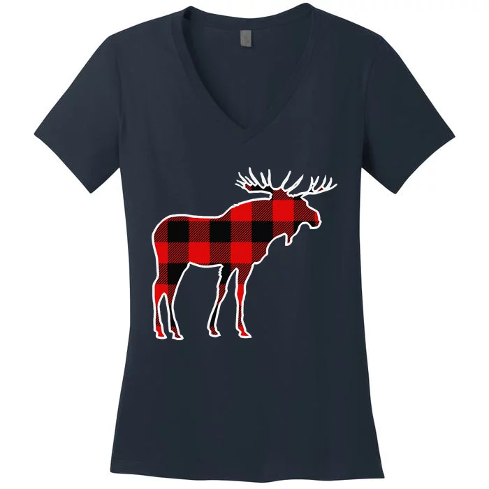 Moose Red Buffalo Plaid Deer Elk Matching Pj Family Gift Women's V-Neck T-Shirt