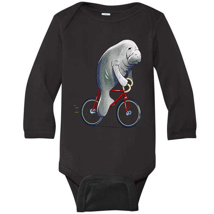 Manatee Riding Bicycle Cute Biker Cyclist Baby Long Sleeve Bodysuit