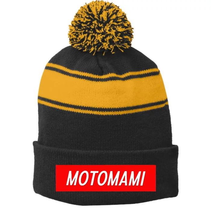 MOTOMAMI Red Box Logo Stripe Pom Pom Beanie