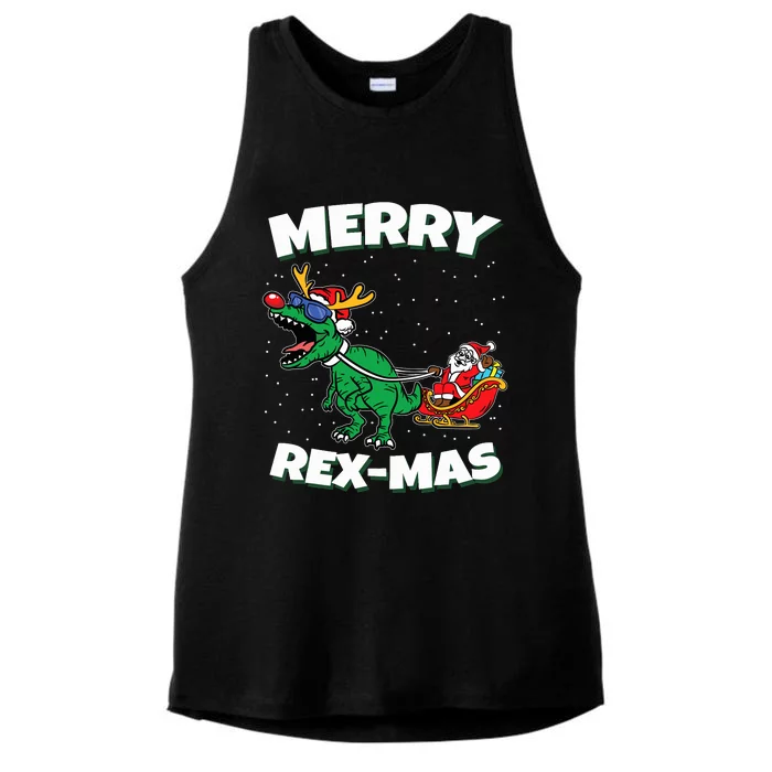 Merry Rexmas Christmas Pajama Santa Riding Dinosaur Trex Ladies Tri-Blend Wicking Tank