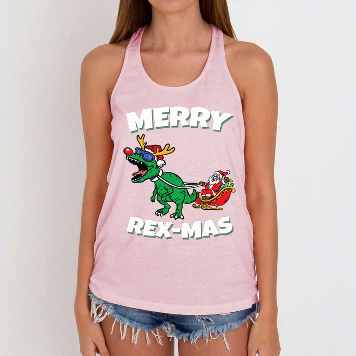 Merry Rexmas Christmas Pajama Santa Riding Dinosaur Trex Women's Knotted Racerback Tank